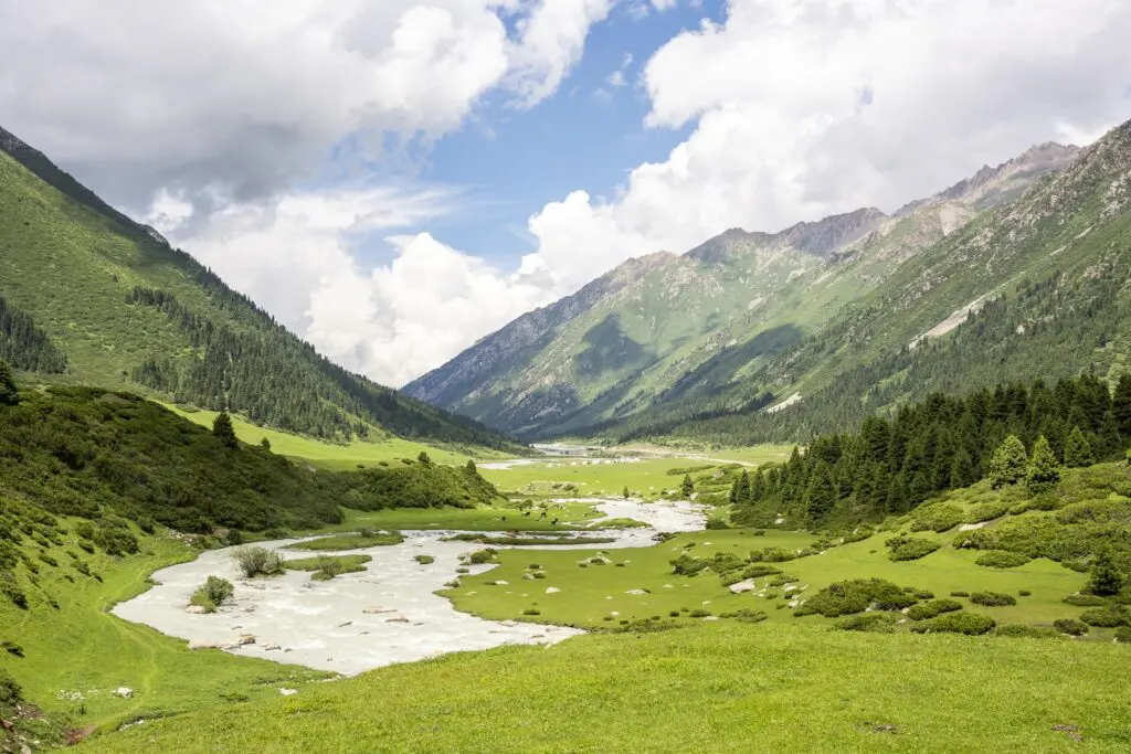 Vallée de montagne verdoyante avec une rivière sinueuse et des sommets à l'horizon