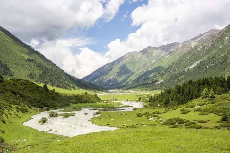 Vallée de montagne verdoyante avec une rivière sinueuse et des sommets à l'horizon