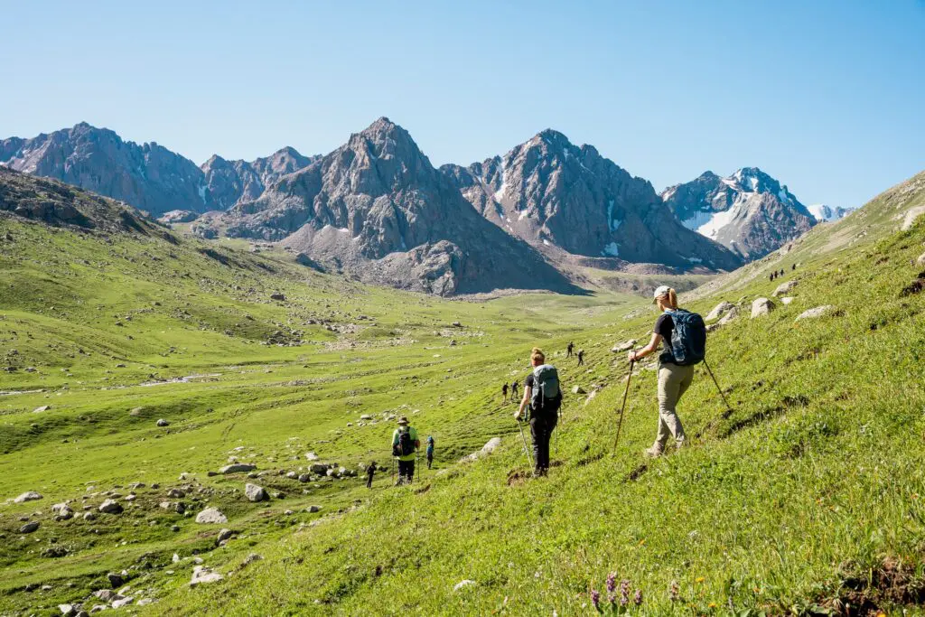 A group of hikers crossing a lush mountain valley